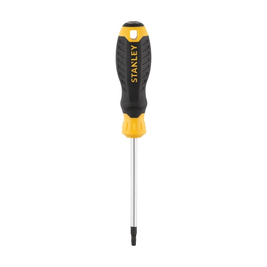 STANLEY STHT16180-0 screwdriver with black and yellow handle, front angle, photography on white background.