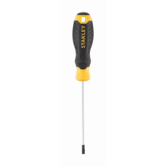 STANLEY STHT16195-0 flathead screwdriver with yellow and black handle, front angle, on white background.