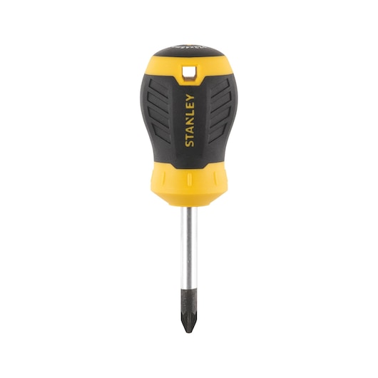 STANLEY STHT16196-0 stubby Phillips screwdriver with black and yellow handle, front angle.