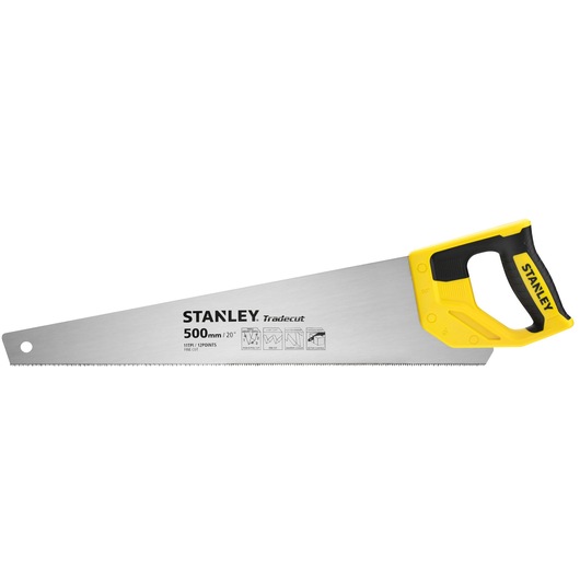 STANLEY STHT20351-1 hand saw with yellow and black handle, 500mm blade, side view, white background.