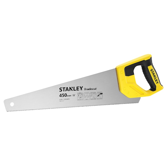 STANLEY STHT20355-1 hand saw, 450mm blade, yellow and black handle, front angle, photography.