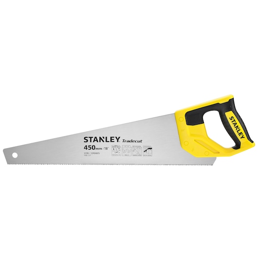 Photo of STANLEY STHT20355-1 hand saw with yellow and black handle, 450mm blade, side view on white background.