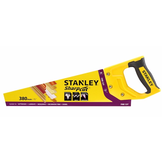 STANLEY STHT20369-1 hand saw, yellow and black handle, SharpCut branding, side angle photo.