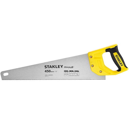 Photo of STANLEY STHT20370-1 hand saw with yellow and black handle, 450mm blade, side angle.