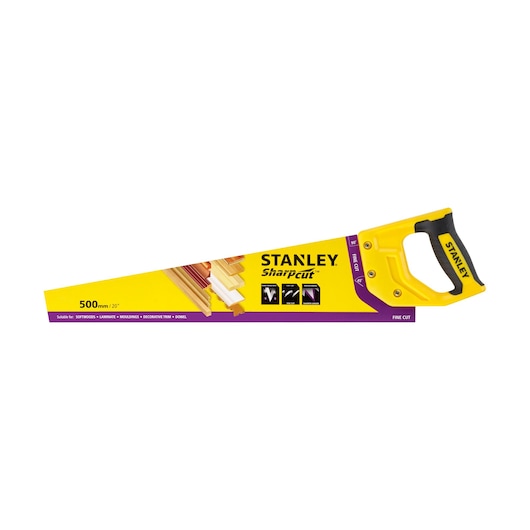STANLEY STHT20371-1 hand saw with yellow and black handle, 500mm blade, side angle, in packaging.
