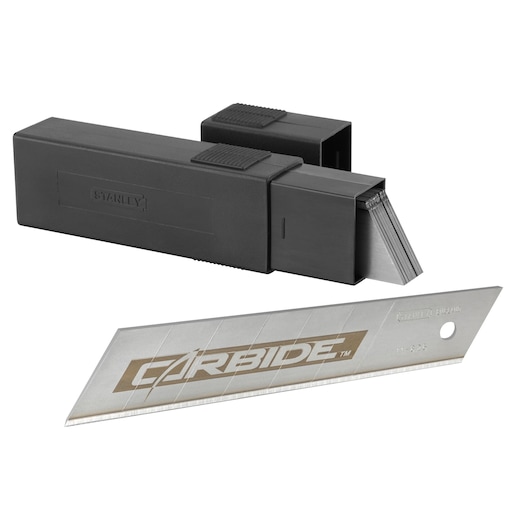STANLEY STHT3-11825 utility knife blades with black plastic storage case, front angle on white background.