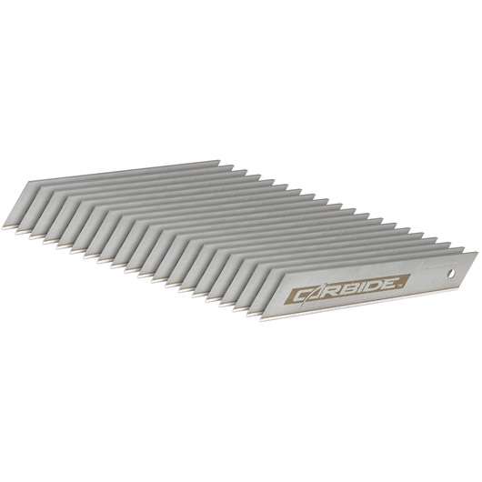 STANLEY STHT3-11825 utility knife blades, silver, carbide, angled stack, product photography on white background.