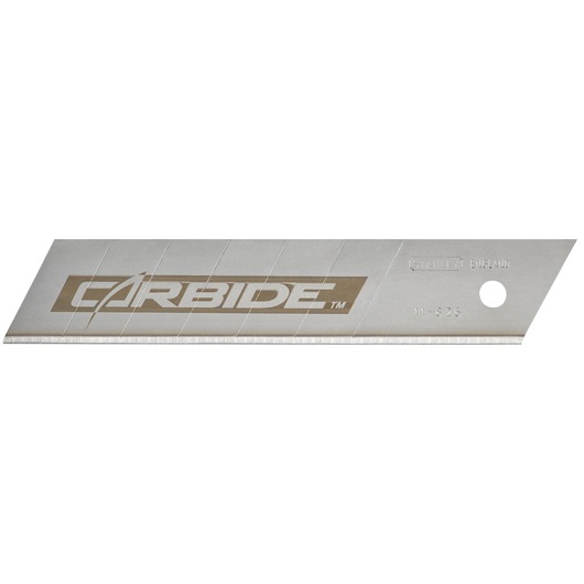 STANLEY STHT3-11825 snap-off carbide utility blade, side angle, silver with gold branding.