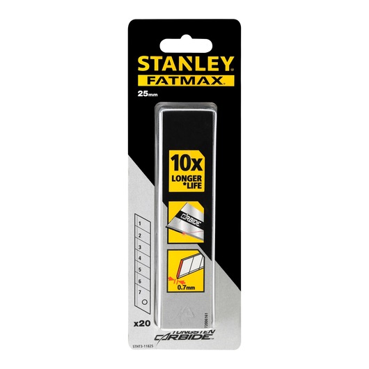 STANLEY FATMAX STHT3-11825 25mm utility knife blades, pack of 20, front packaging photo showing tungsten carbide feature.