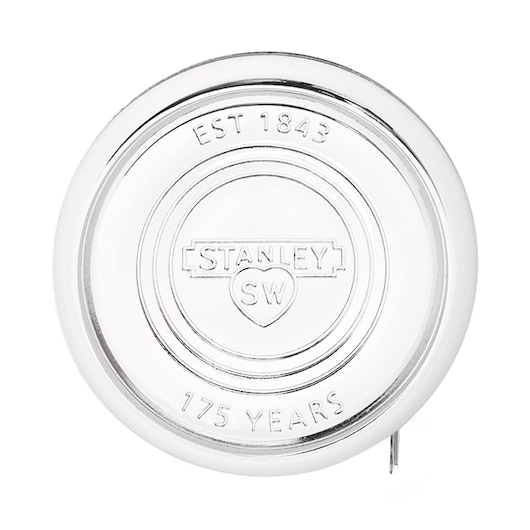 Photo of STANLEY STHT36139-0 silver commemorative tape measure, front view with embossed 175 years logo.