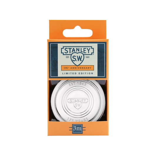 STANLEY STHT36139-0 limited edition anniversary 3m tape measure, front angle, orange box.