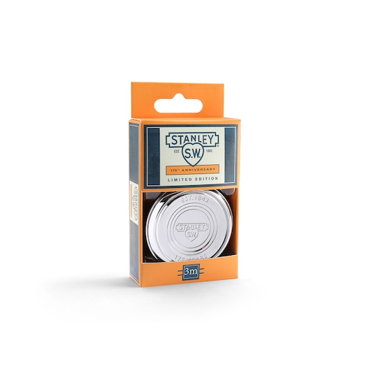 STANLEY STHT36139-0 limited edition 175th anniversary tape measure, front angle, orange and silver packaging.