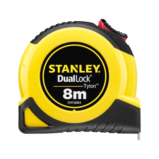STANLEY STHT36804-0 tape measure, DualLock Tylon, 8m, yellow and black, front view, photography.