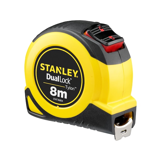 STANLEY STHT36804-0 tape measure, yellow and black, DualLock Tylon, 8m, front angle on white background.