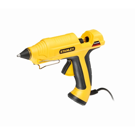 STANLEY STHT6-70417 yellow and black hot glue gun, side view, with ceramic quick heat feature.