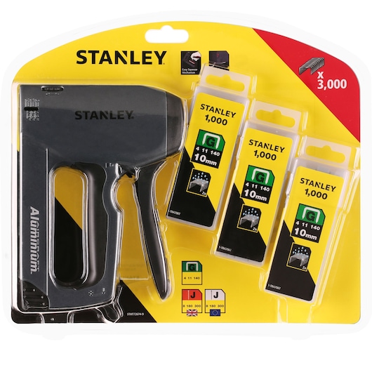 STANLEY STHT72674-9 aluminium staple gun photography, three 10mm staple packs, front packaging view.