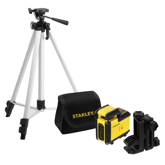 Stanley laser level kit with tripod, yellow device, black case, and mounting accessories.