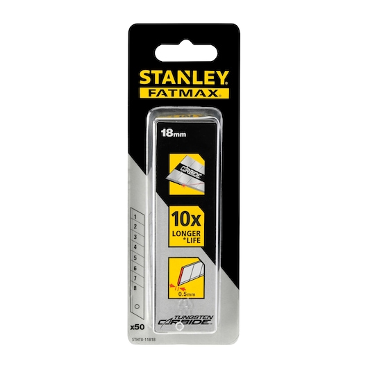 STANLEY FATMAX STHT8-11818 snap-off utility knife blades pack, 18mm, tungsten carbide, front view on white background.