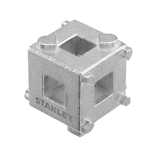 Photo of STANLEY STHT80883-0 silver metal cube photography accessory, angled view on white background.