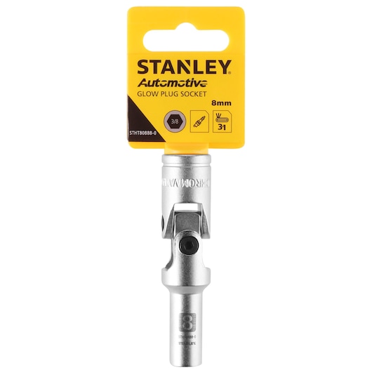 Photo of STANLEY STHT80888-0 8mm glow plug socket with yellow packaging, front angle, automotive tool.