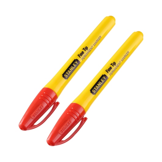 STANLEY STHT81389-0 fine tip permanent marker two-pack, yellow body with red cap, front angle.