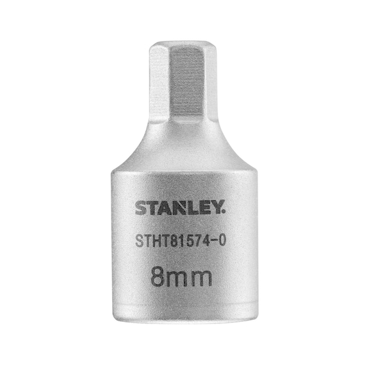 Photo of STANLEY STHT81574-0 8mm hex bit socket, silver finish, photographed from the front on white background.