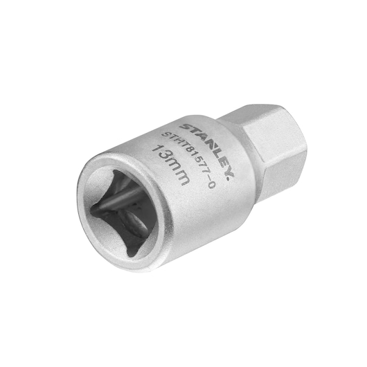 Photo of STANLEY STHT81577-0 chrome socket 13mm, angled side view, silver finish, tool accessory on white background.