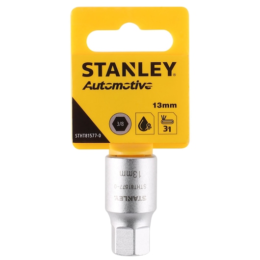 STANLEY STHT81577-0 13mm automotive socket, silver color, front angle on white background, yellow packaging.