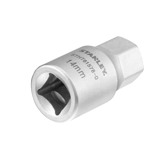 STANLEY STHT81578-0 14mm socket tool in silver, shown at an angled view on a white background.