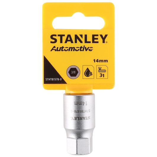 STANLEY STHT81578-0 automotive 14mm socket, silver, front angle on white background.