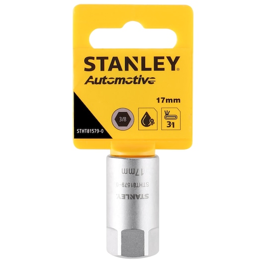 STANLEY STHT81579-0 automotive 17mm socket, silver finish, front angle on white background.