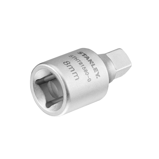 STANLEY STHT81580-0 silver 8mm socket adapter, photography on white background, product angle view.