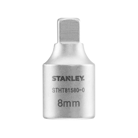 Photo of STANLEY STHT81580-0 8mm socket bit, silver finish, tool accessory, front angle on white background.