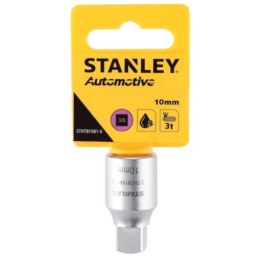 STANLEY STHT81581-0 automotive 10mm socket, silver finish, front angle on white background.