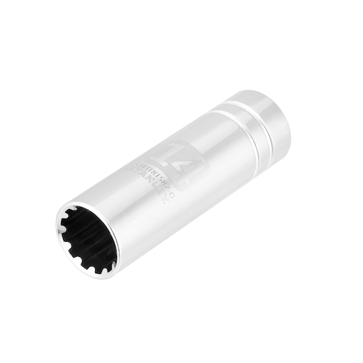 Photo of STANLEY STHT81582-0 deep socket, chrome finish, 12-point, viewed at an angle on white background.