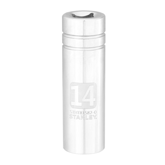STANLEY STHT81582-0 chrome socket 14mm, photography, front angle on white background.