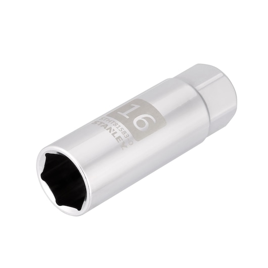 Photo of STANLEY STHT81583-0 chrome-finish socket, 16mm size, angled on white background, tool accessory.