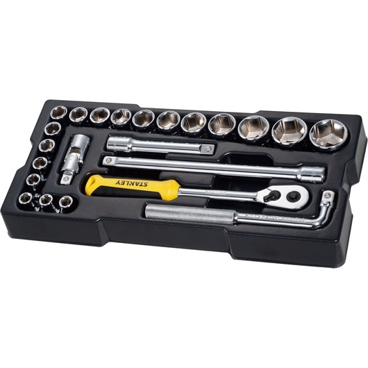 STANLEY STMT1-74173 socket set with ratchet, screwdriver, and accessories in black tray, top view