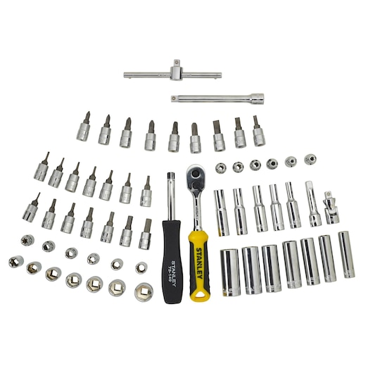 Stanley socket and ratchet set with various bits, extensions, and tools arranged neatly on a white background.