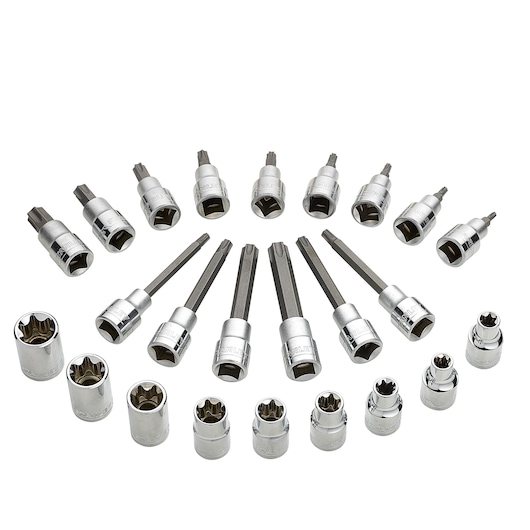 STANLEY STMT1-74176 socket bit set photography, chrome finish, top angle on white background.