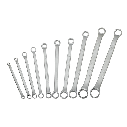 STANLEY STMT1-74177 photography of 10-piece silver box end wrench set, aligned in size order on white background.