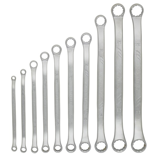 STANLEY STMT1-74177 ring spanner set, 10 silver wrenches, product photography, front white background.