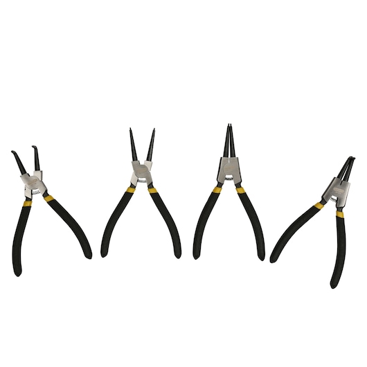 Set of four Stanley circlip pliers with black handles, arranged in a row on a white background.