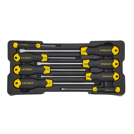STANLEY STMT1-74181 screwdriver set with yellow and black handles in tray, top view.