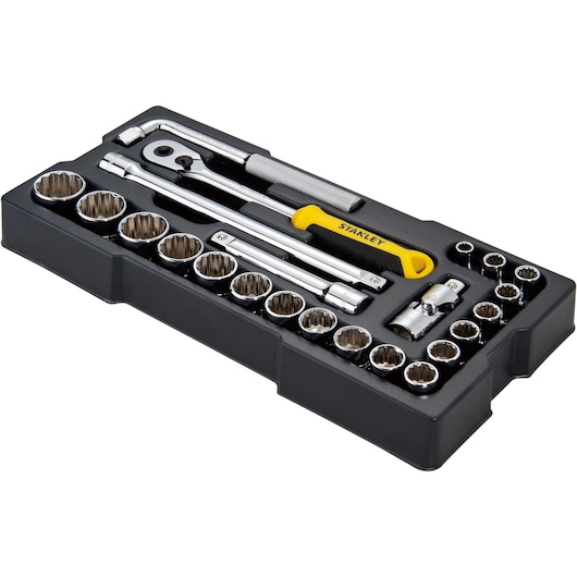 STANLEY STMT1-74726 socket wrench set with ratchet and sockets in black tray, angled view.