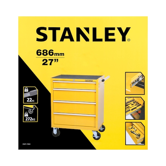 Photo of STANLEY STMT1-75063 yellow tool cabinet with four drawers and caster wheels, front angle on white background.