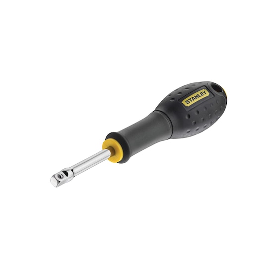 Stanley stubby ratchet screwdriver with black and yellow handle on white background.