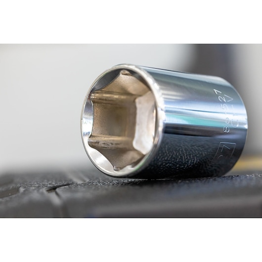 STANLEY STMT82666-0 chrome socket, close-up angle, showing hexagonal opening and engraved markings.