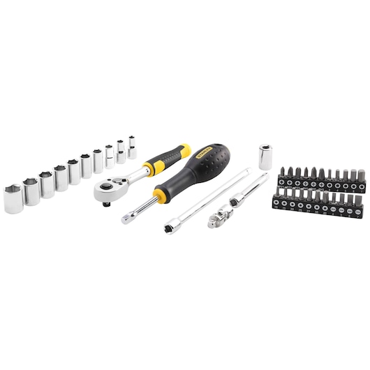 STANLEY STMT82828 socket and bit set with ratchet, screwdriver, and accessories, front view on white background.