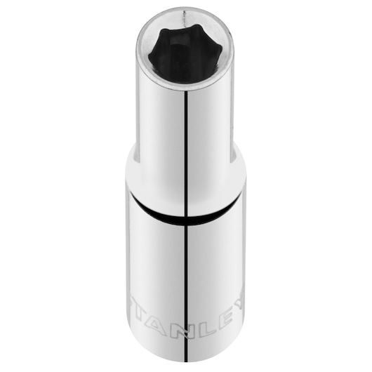STANLEY STMT86094-0 chrome socket viewed from above on white background, showing six-point interior design.